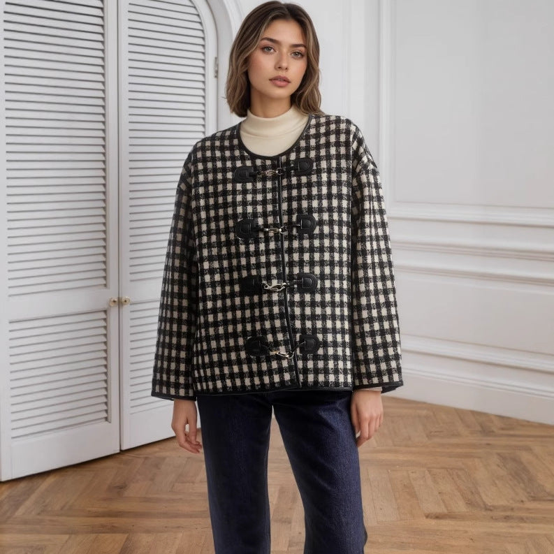 Metal Buckle Decorative Round Neck Hemming Shorts Jacket