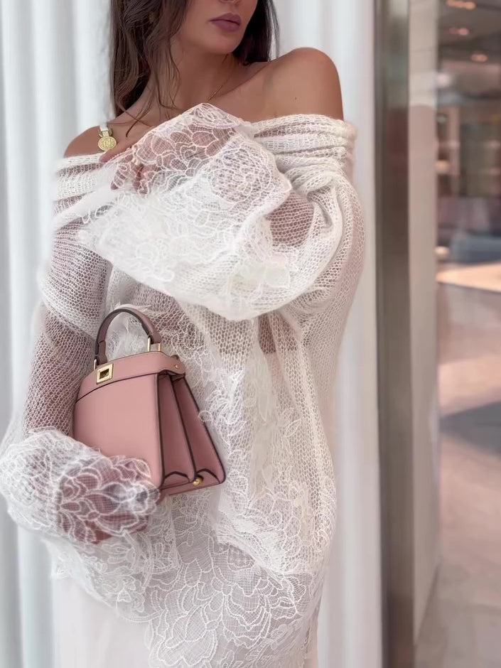 White Lace Off-Shoulder Oversized Top