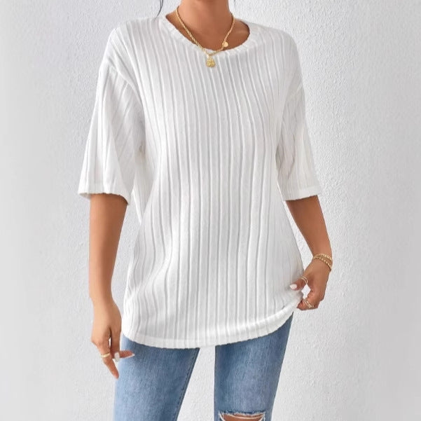 Women's Solid-Color Ribbed Brushed Knit Loose Short-Sleeve Top