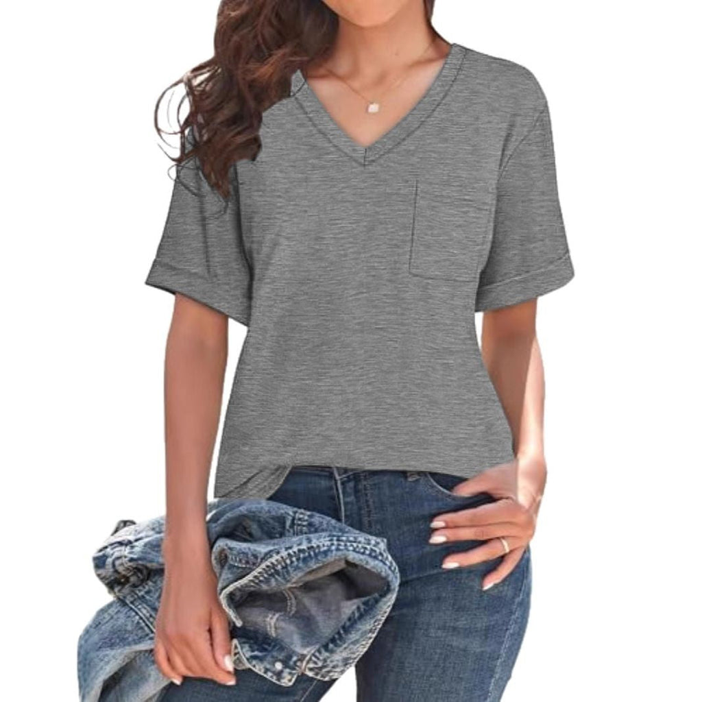 Loose Casual V-neck Pocket Solid Color Short Sleeve T-shirt