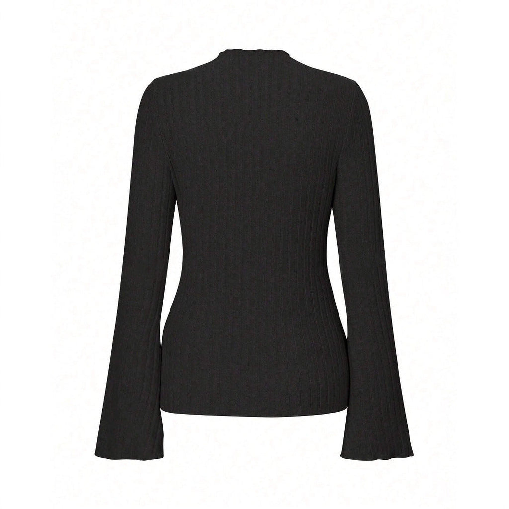 Long Sleeve Round Neck Brushed Sunken Stripe Solid Color Slim Fit Top