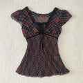 Retro Artistic Style V-neck Plaid Slightly Transparent Slimming T-shirt