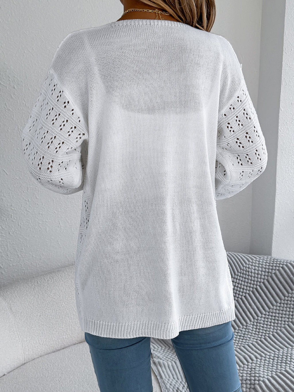 Women Solid Color Hollow Out Lantern Sleeve Long Sleeve Cardigan Sweater Coat