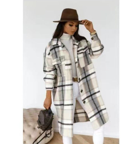 Casual Plaid Lapel Button-down Loose Mid-length Wool Coat