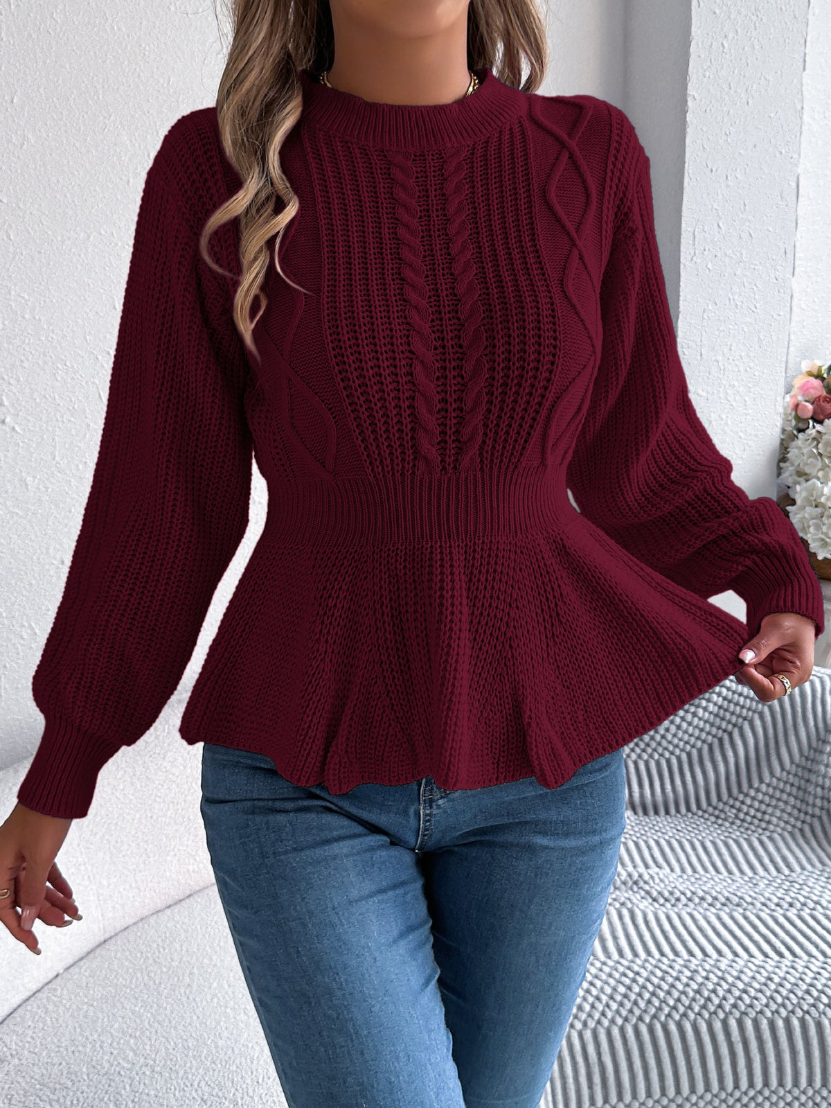 Women Solid Color Cable Knit Cinched Waist Ruffled Long Sleeve Pullover Sweater