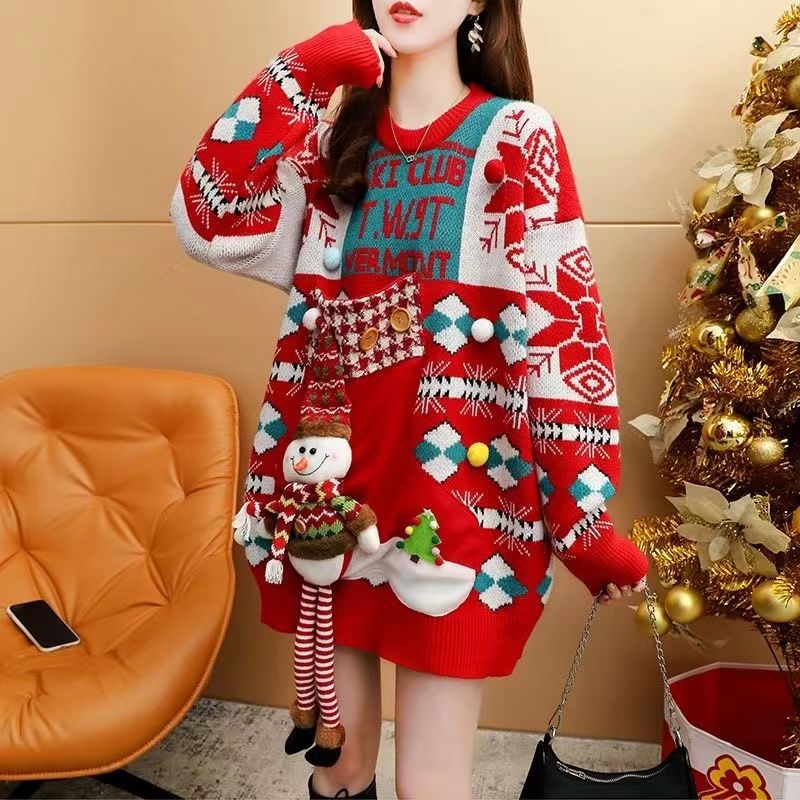Versatile Loose Round-neck Red Christmas Sweater Women