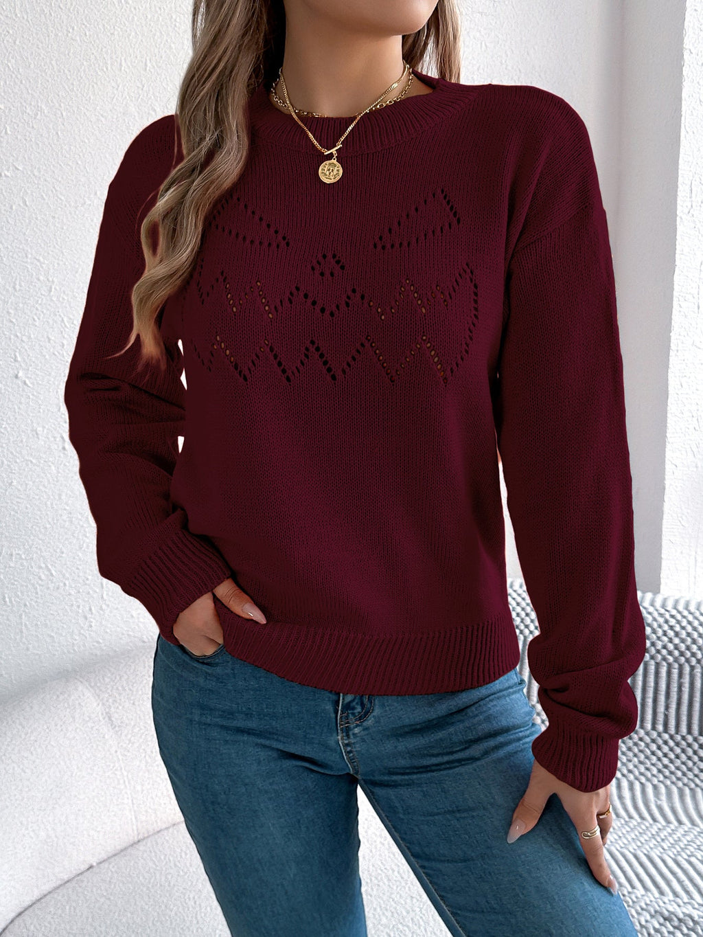 Women Solid Color Hollow Out Lantern Sleeve Pullover Sweater