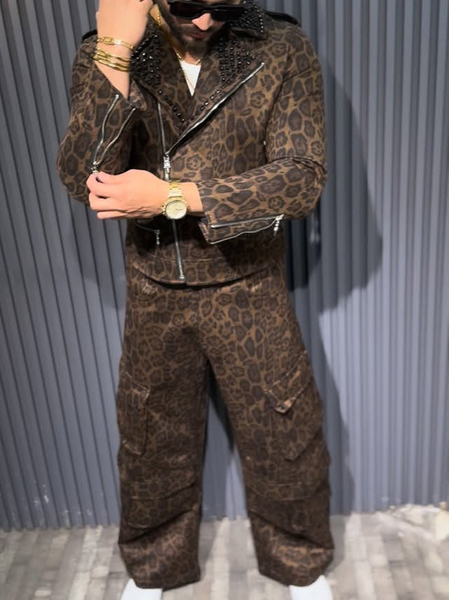 Brown Leopard Print Biker Jacket And Cargo Pants Two-Piece Set