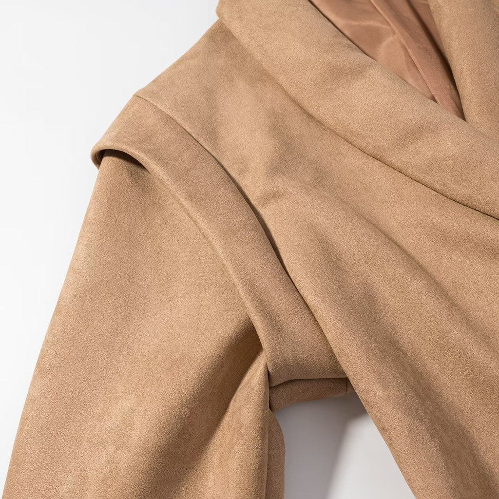 Retro Lapels Suede Waist-controlled Long Sleeves Jacket Coat
