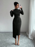 Small Stand-up Collar Knit Solid-color Dress With Metal Buttons