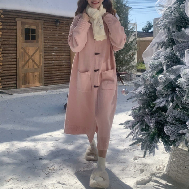 Women's Horn Button Cardigan Sweater - Mid-Length Turn-Down Collar Coat