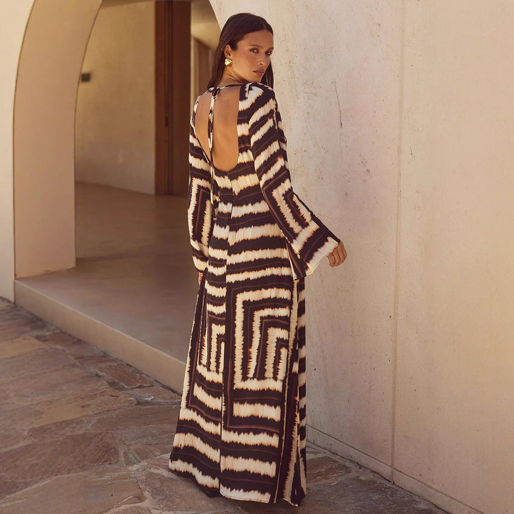 Fashion Striped Printed Backless V-neck Robe Dress
