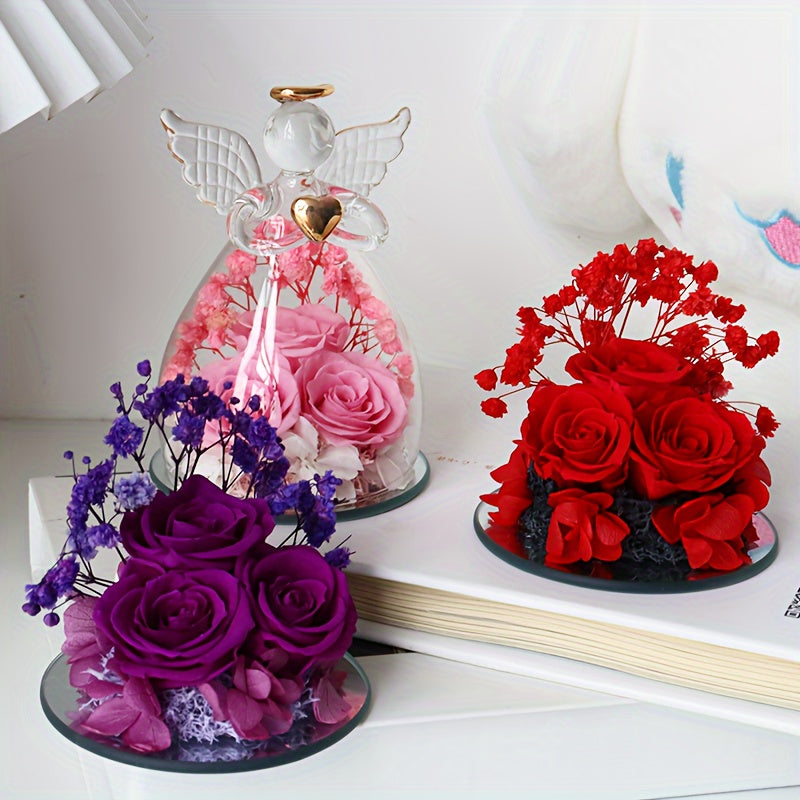 Eternal Red Roses in Glass Dome with Angel Statue – 10.21 × 7.49 cm