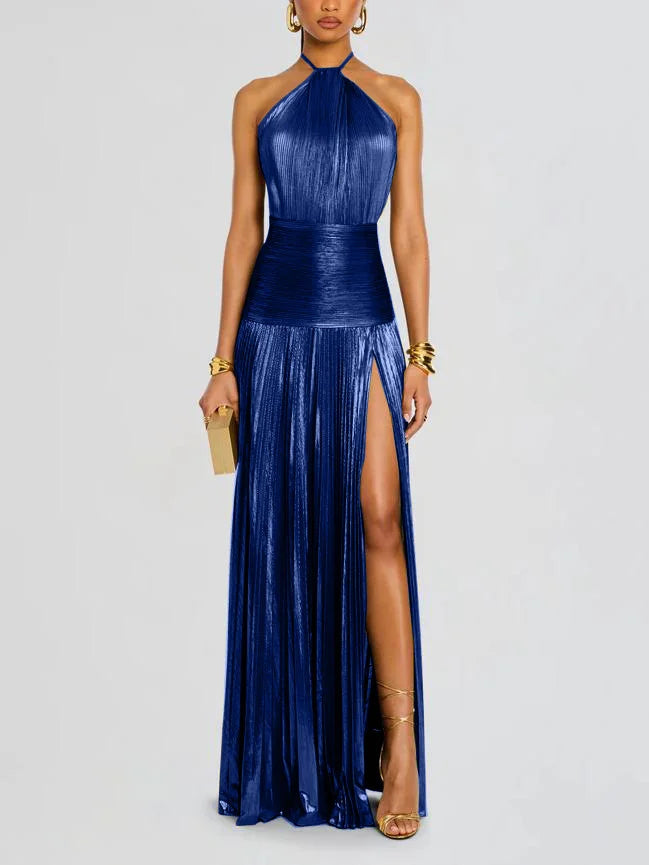 Sexy Pleated Halter Neck Long Dresses Summer Split Sleeveless Dress Evening Party Club Women's Clothing