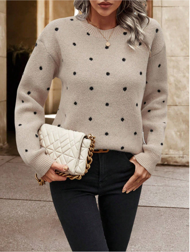 Fashion Round Neck Long Sleeve Pullover Sweater Polka Dot Print Knitwear