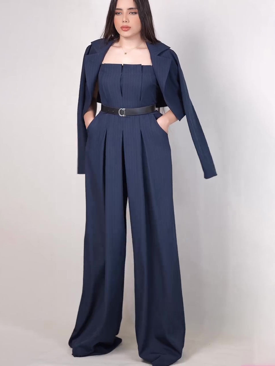 Striped Tube Top Jumpsuit Short Blazer Suit