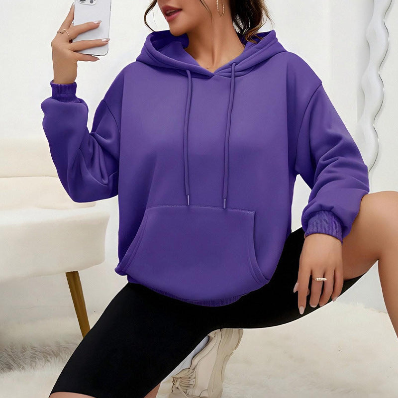 All-matching Loose Drawstring Pocket Sweatshirt Long Sleeve Women