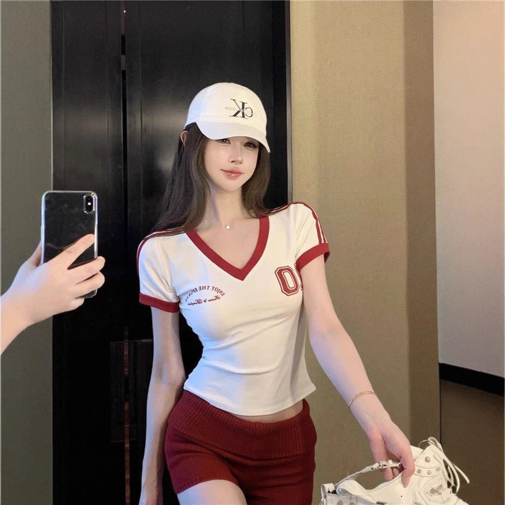 Retro-style V-neck Contrast-color Straight-shoulder Short Sleeves