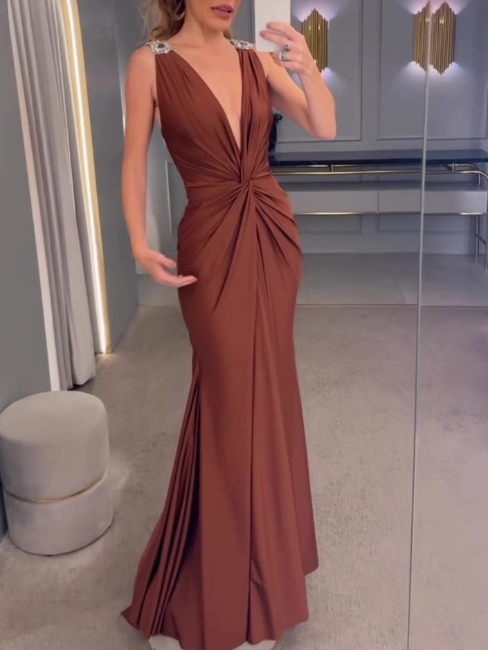 Elegant Draped Deep V - Neck Evening Dress