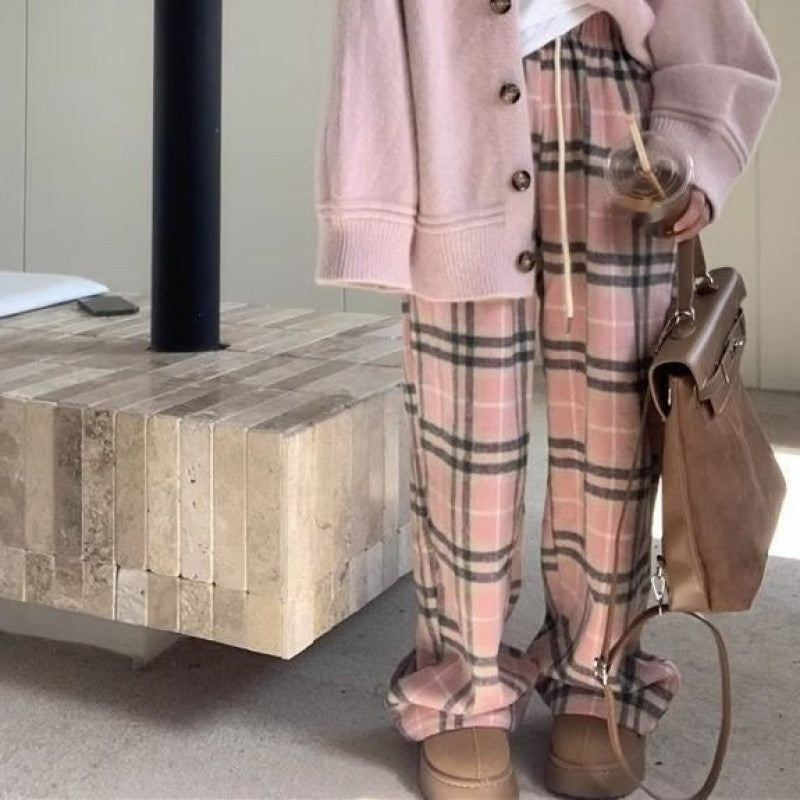 Gentle Temperament Idle Style Plaid Wide-leg Trousers