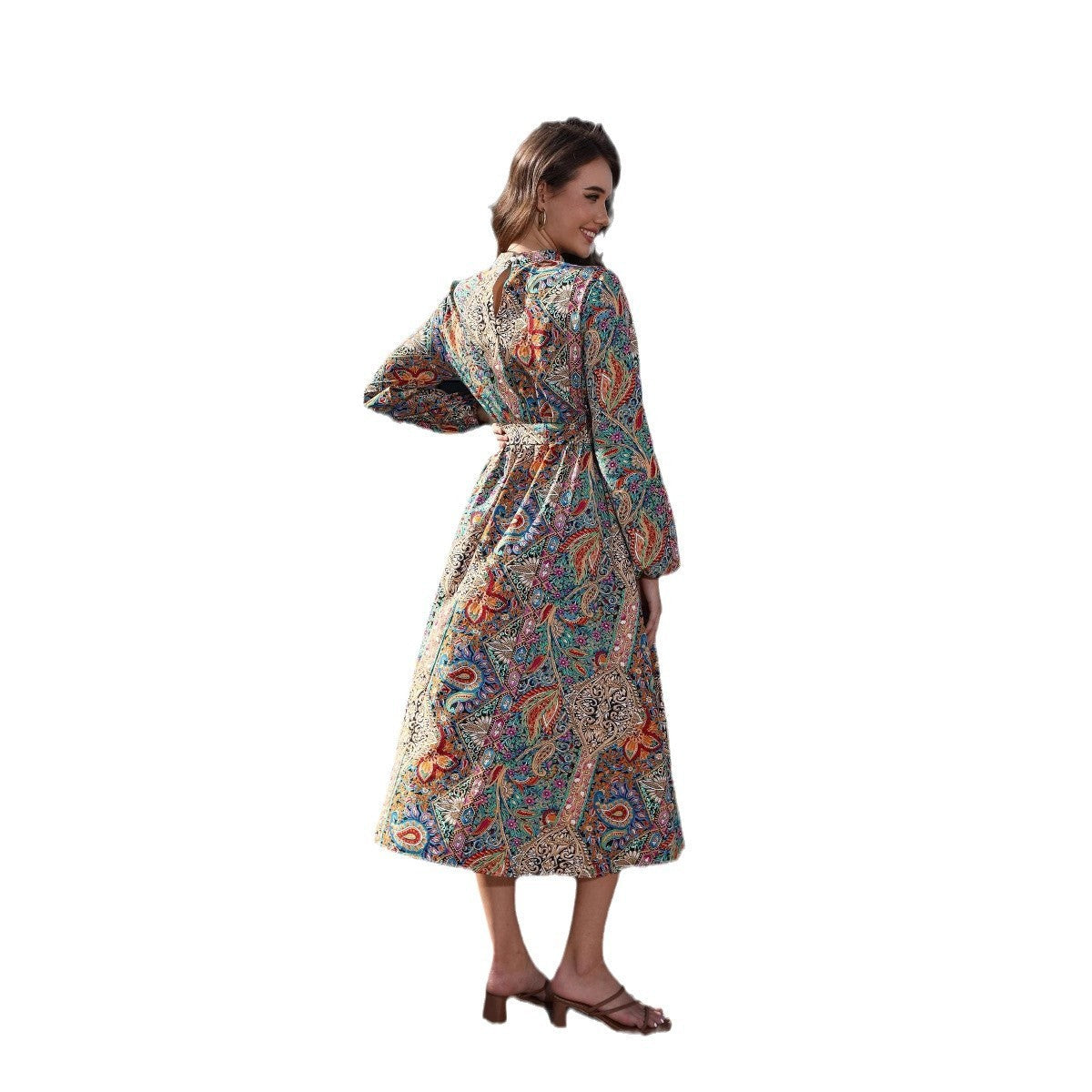 V-neck Smocking Waist-tight Long Printed Dress