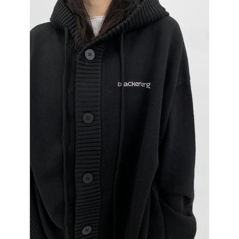 Plus Size Loose Hooded Drawstring Knitted Cardigan Sweater