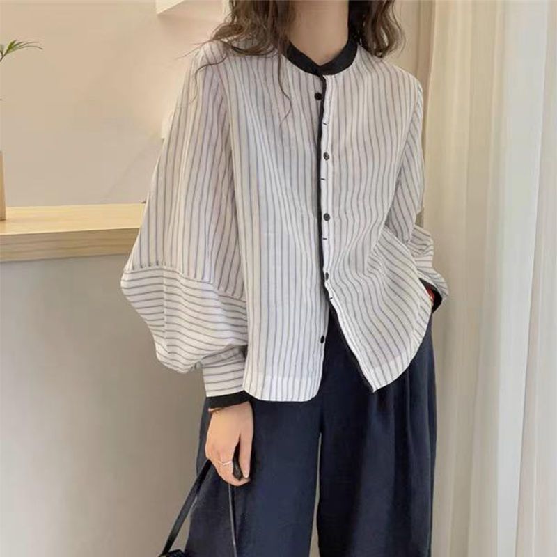 Lanternsleeve Verticalstriped Casual Blouse Women's Stylish Top