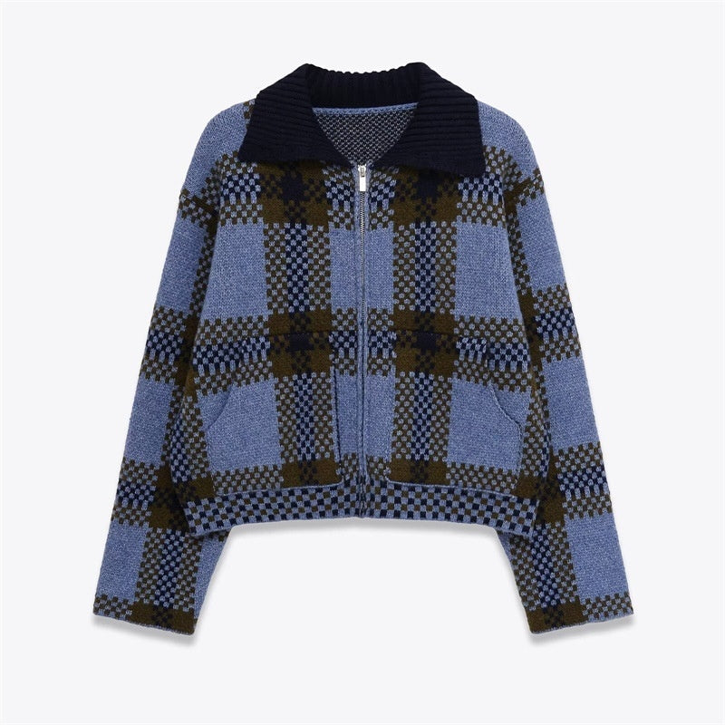 New Stylish And Versatile Plaid Zip-up Knit Sweater