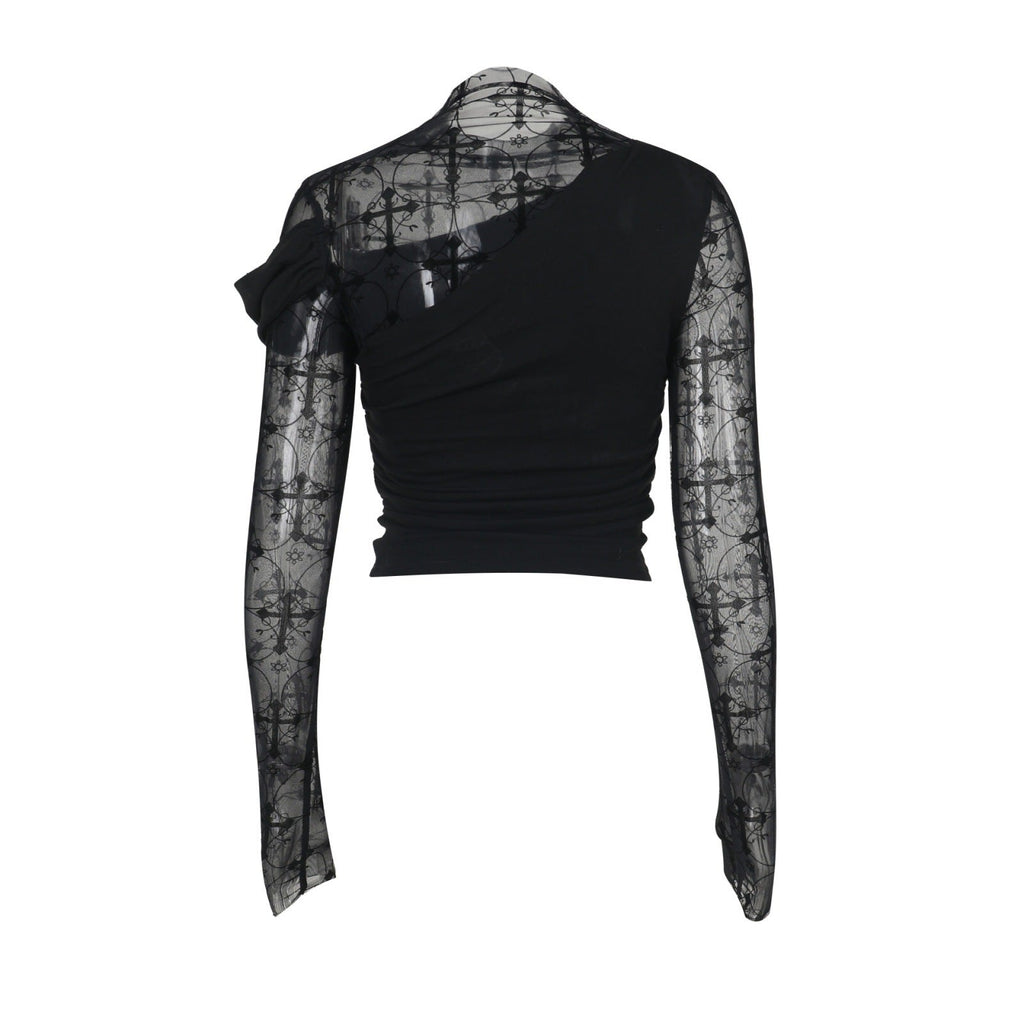 Womens Lace Bodycon Patchwork Hollow Long-Sleeve Top