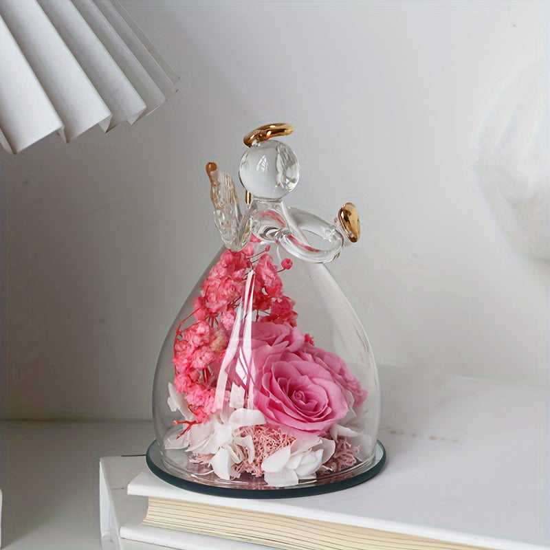 Eternal Red Roses in Glass Dome with Angel Statue – 10.21 × 7.49 cm