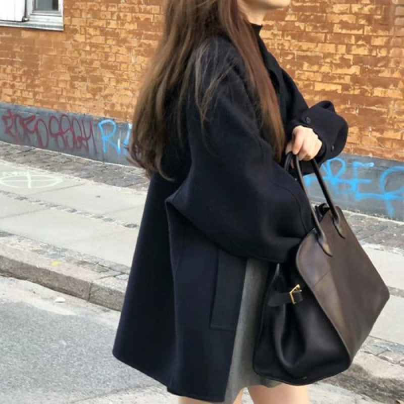 Black Short Wool Coat Outerwear Thickened Design Elegant And Sophisticated Style Petite Figures