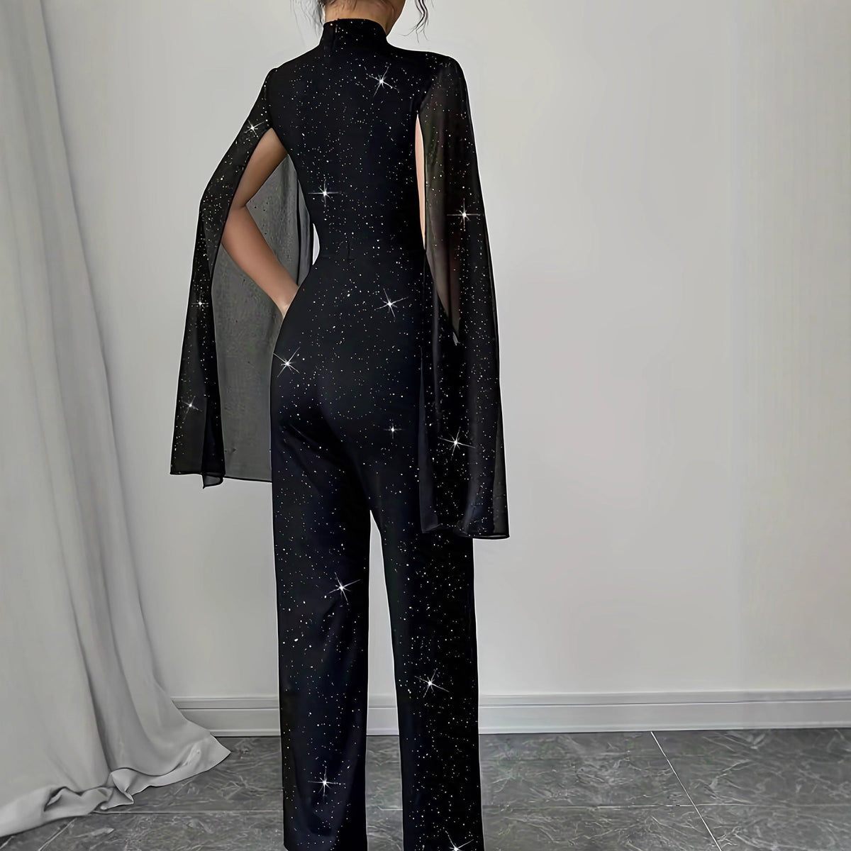 Round Neck Chiffon Lantern Sleeve Patchwork Jumpsuit