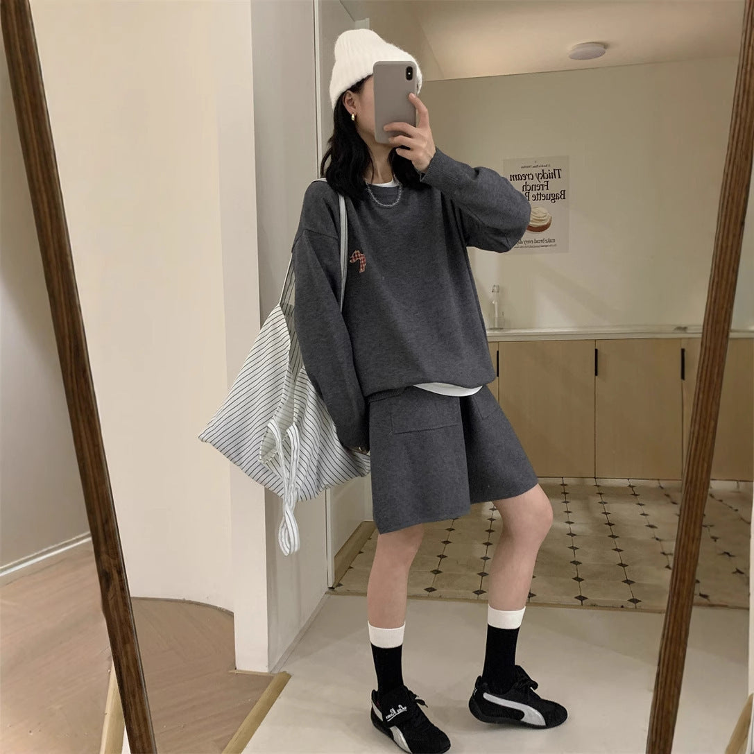 Casual Sports Knitted Sweater Shorts Suit