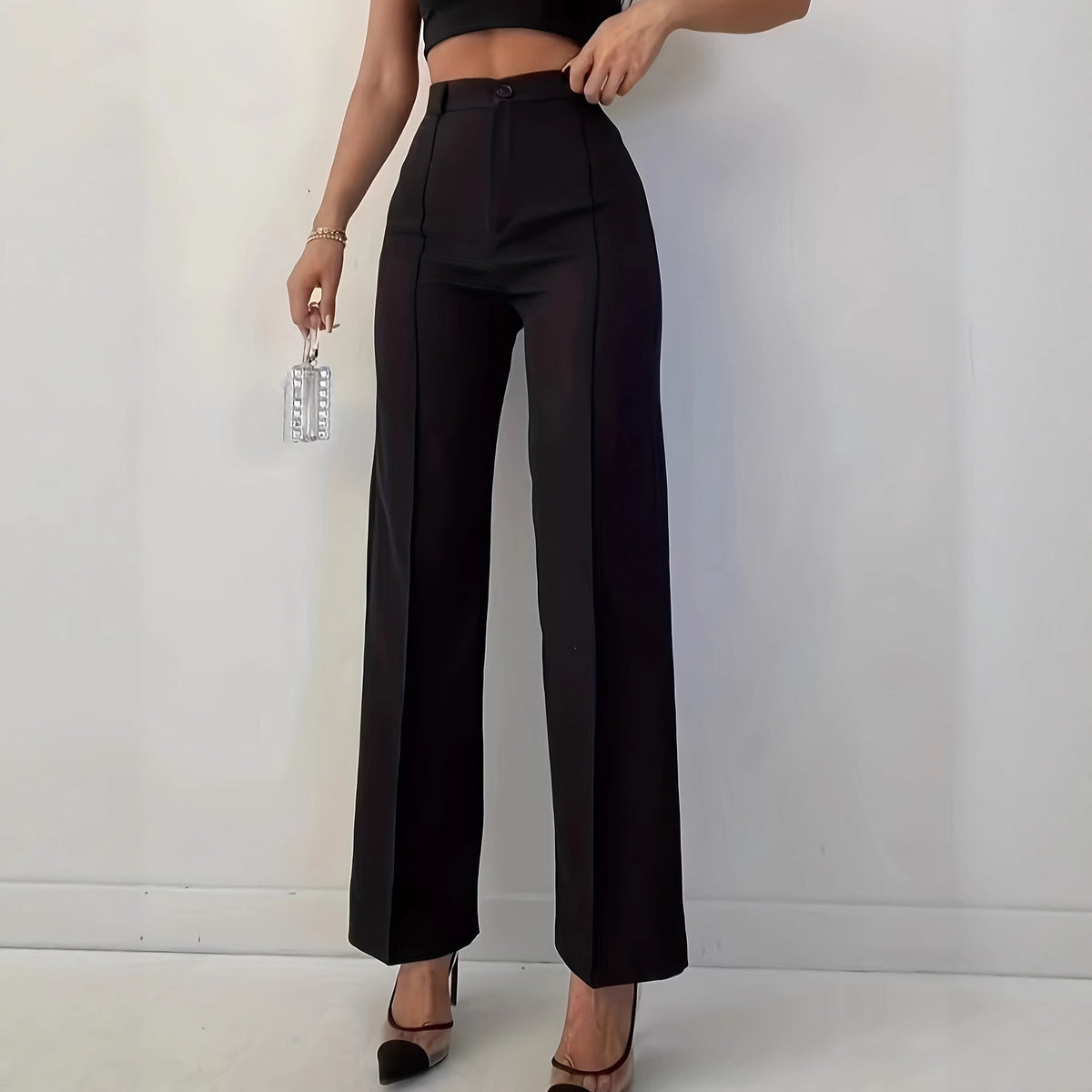 High Waist Slim Fit Solid Color Casual Pants