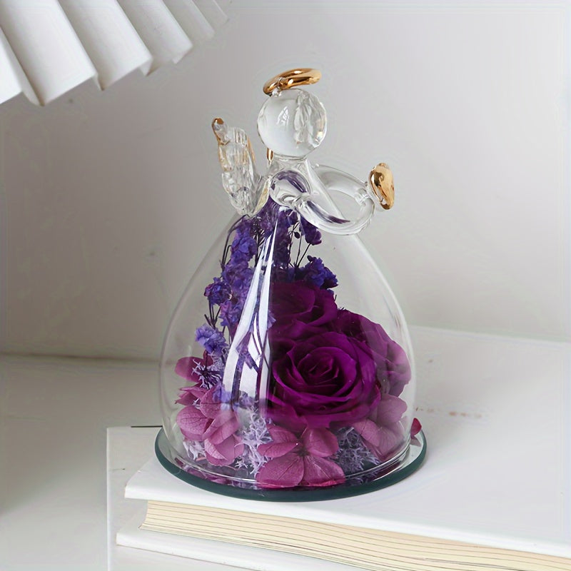 Eternal Red Roses in Glass Dome with Angel Statue – 10.21 × 7.49 cm