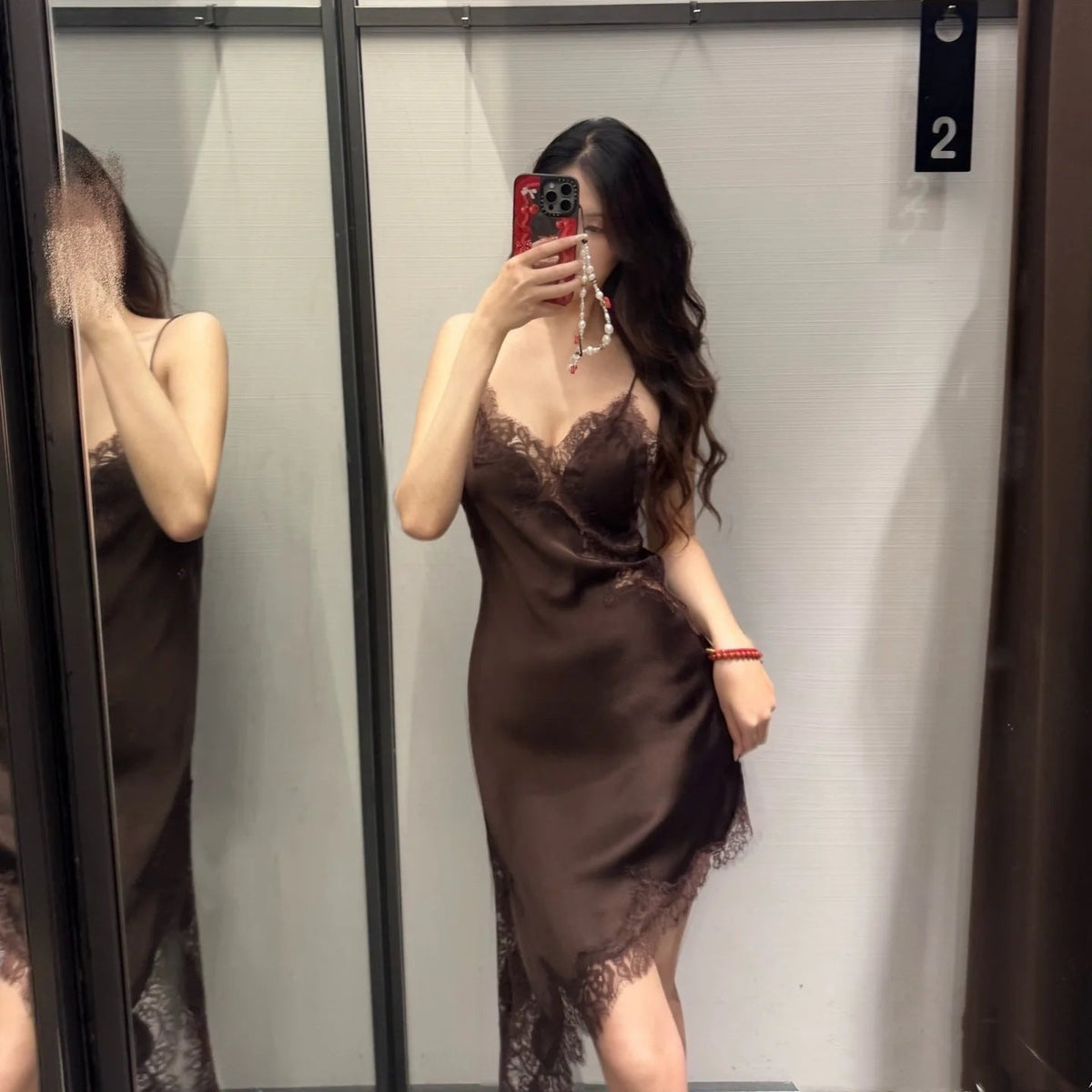 Silk Texture Sexy Lace Asymmetric Sling Dress