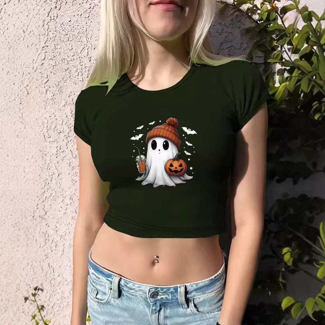 Women's Round Neck Halloween Pumpkin Print Short Sleeve