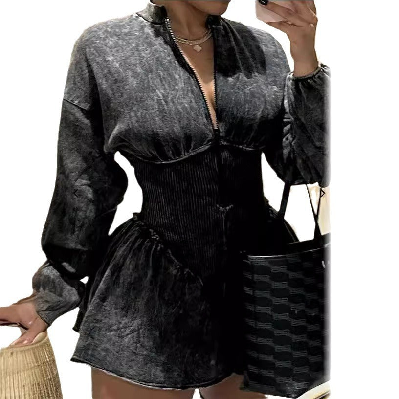 Digital Printing Gray Drawstring Slim-fit Design Sense Dress