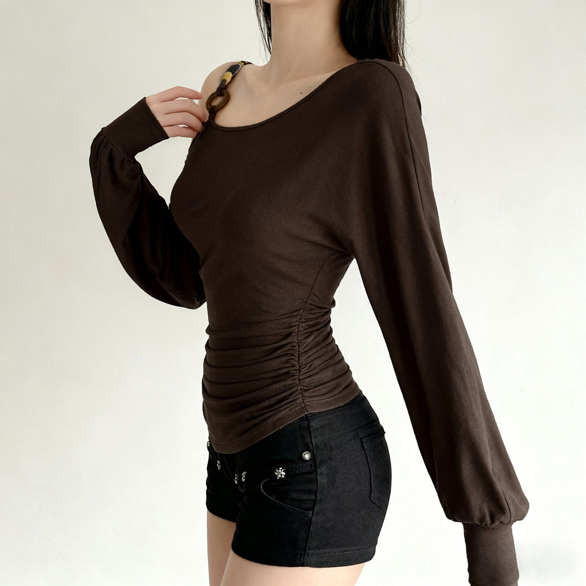 Vintage Off-shoulder Beaded-strapped Lantern-sleeve T-shirt