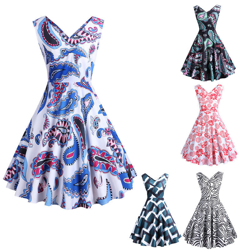 Retro Printed Maxi Sleeveless Dress Women
