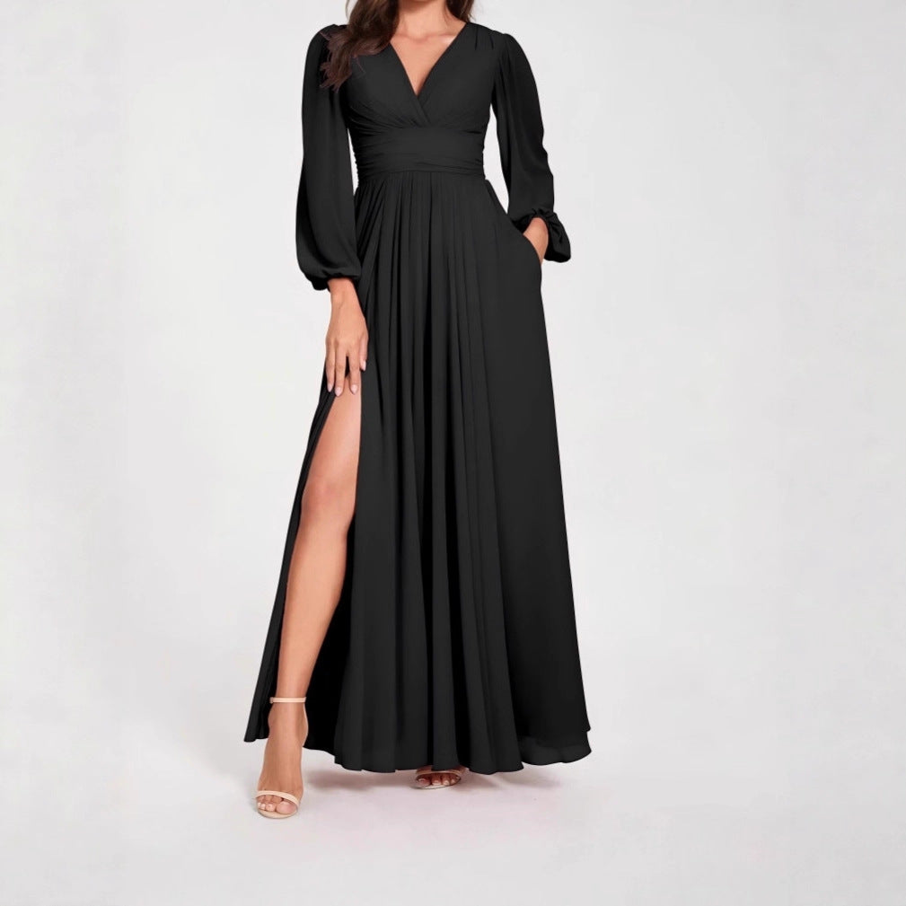 Solid Color V Neck Slit Long Sleeve Pleated Elegant Maxi Dress