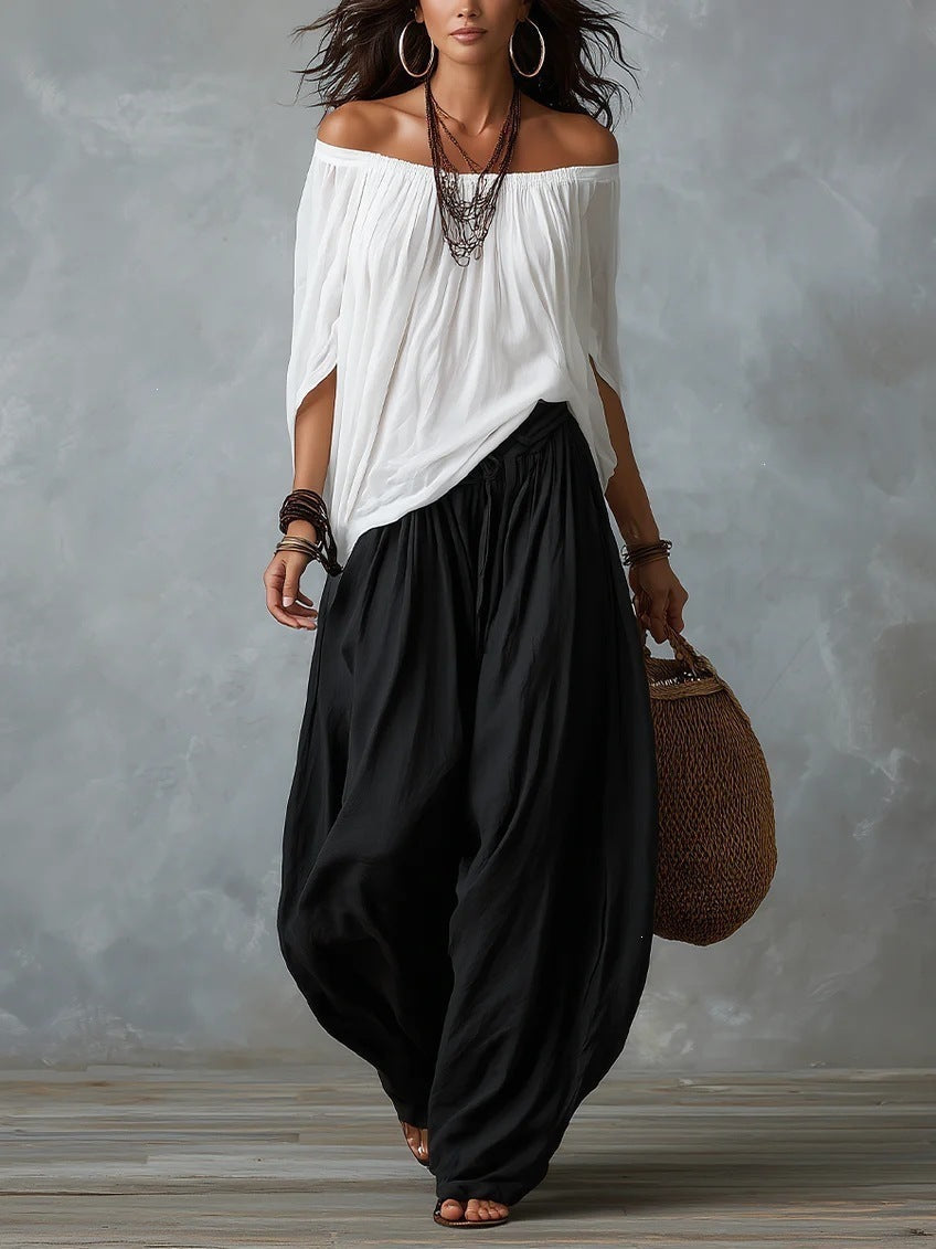 Women's Off-Shoulder Suit Long Sleeve Top And Flare Leg Pants Set - Loose Fit Casual Two Piece Outfit