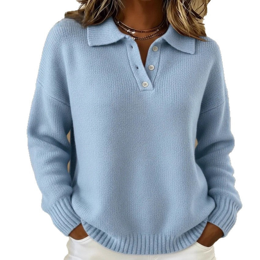 Loose And Soft Women's Lapel Long Sleeve Button Sweater