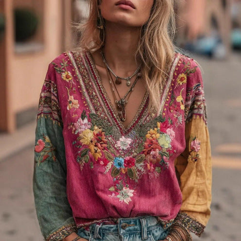 Women's Casual Vintage Bohemian V-neck Top With Ethnic-style Long Sleeves