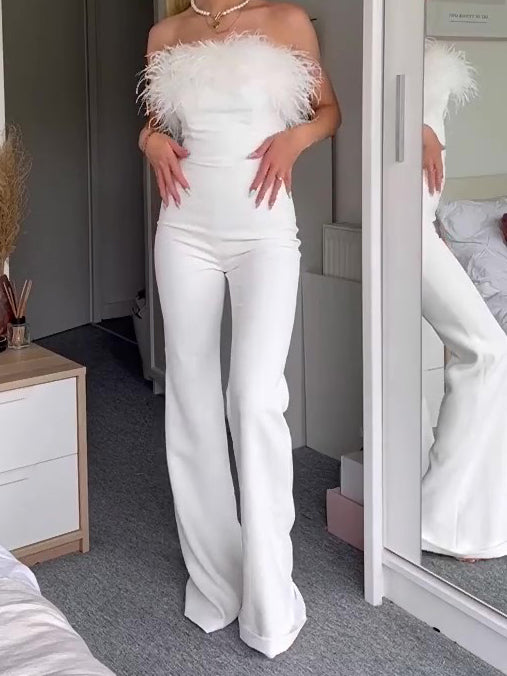 Elegant White Off-Shoulder Jumpsuit With Feather Accents