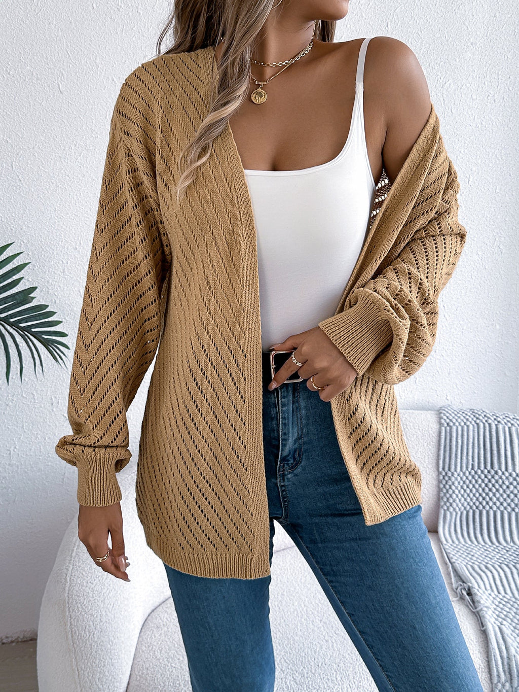 Women Casual Solid Color Hollow Out Long Sleeve Cardigan Sweater