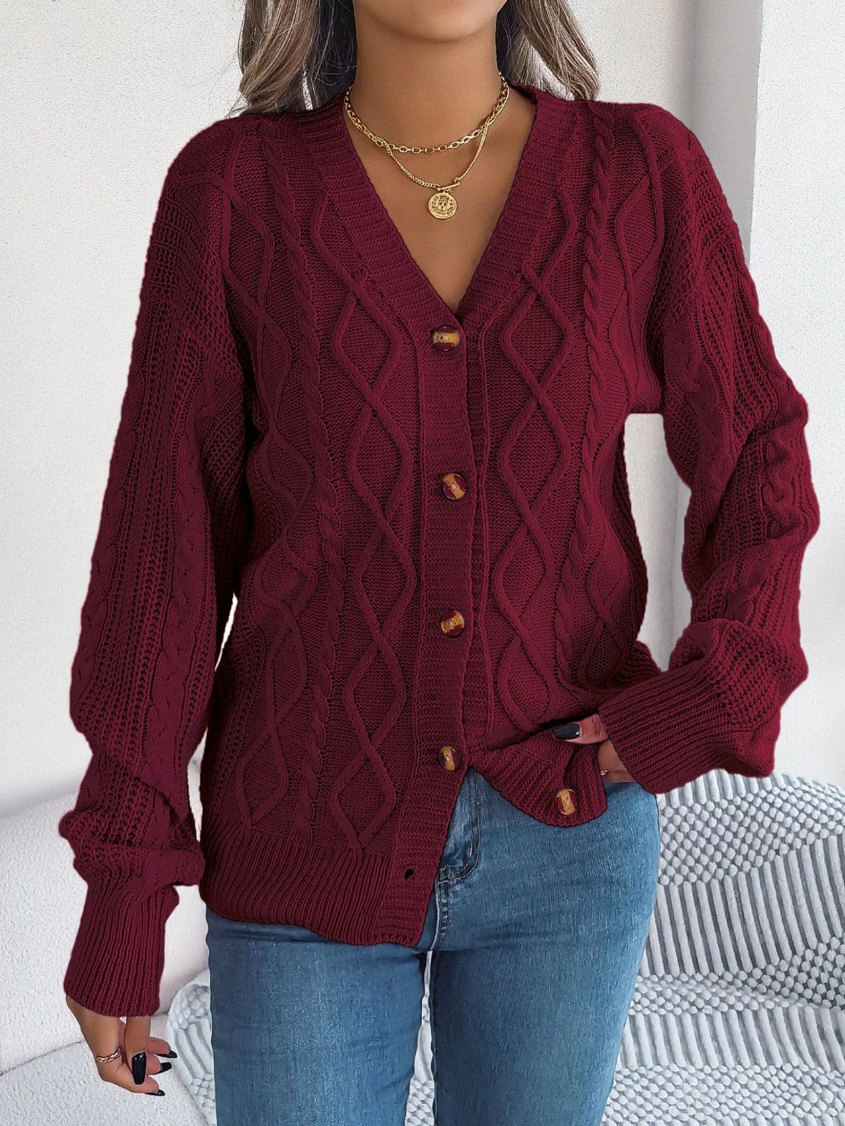 Women Casual V-Neck Lantern Sleeve Cable Knit Button Cardigan Sweater