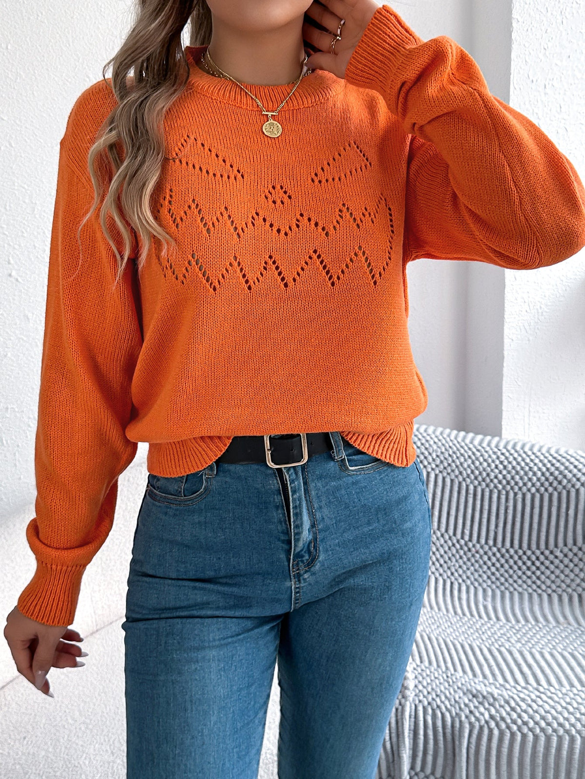 Women Solid Color Hollow Out Lantern Sleeve Pullover Sweater