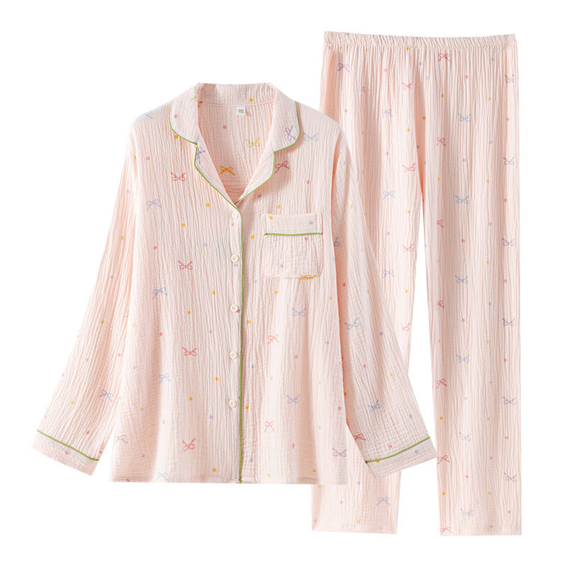 Women's Cotton Pajamas Crepe Cotton Cloth Thin Long-sleeved Homewear Suit