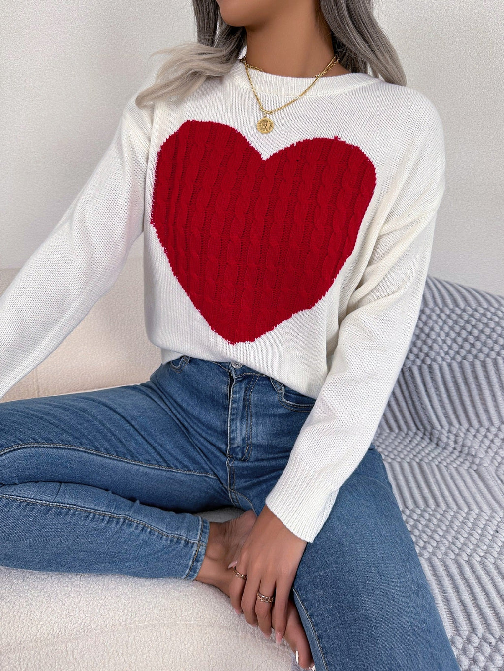 Women Cable Knit Heart Long Sleeve Pullover Sweater